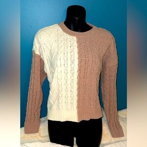 Anthro MOON & MADISON split brown cream cable knit crew pullover sweater medium